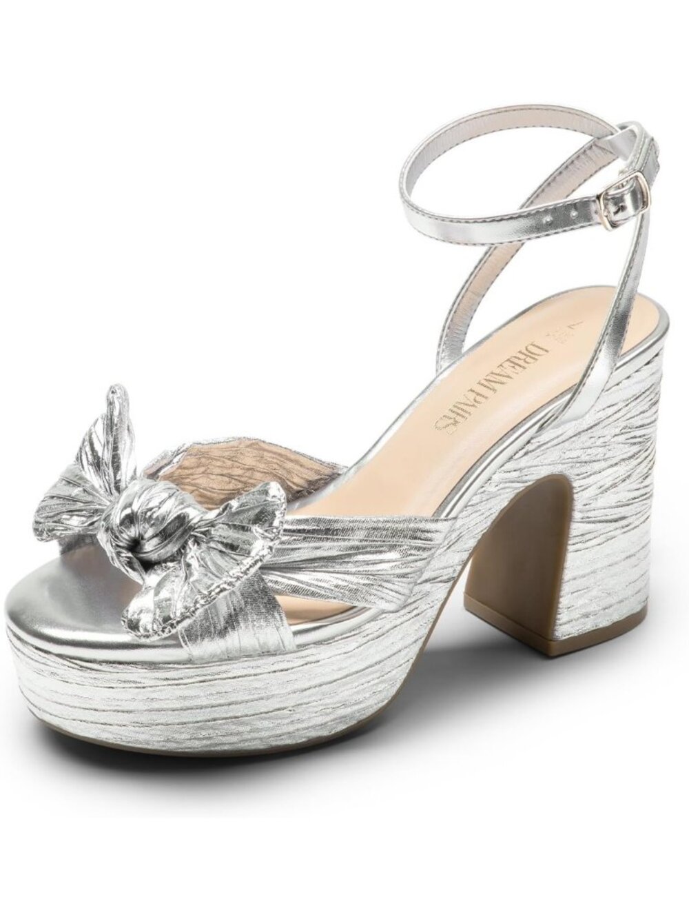 Chunky Platform Heels with Pleated Bow Knot, Ankle Strap, Open Toe - Wedding